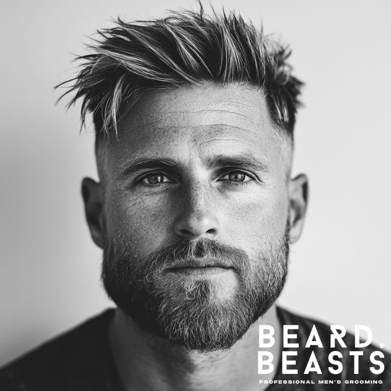 Black and white portrait of a man with a modern messy short haircut and beard, featuring textured volume on top and clean faded sides—one of the best short haircuts for men with beards.