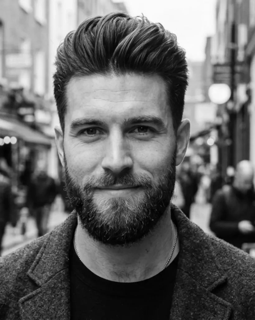 Short brush up fade with a beard, showing lifted short hair with faded sides and full facial hair.