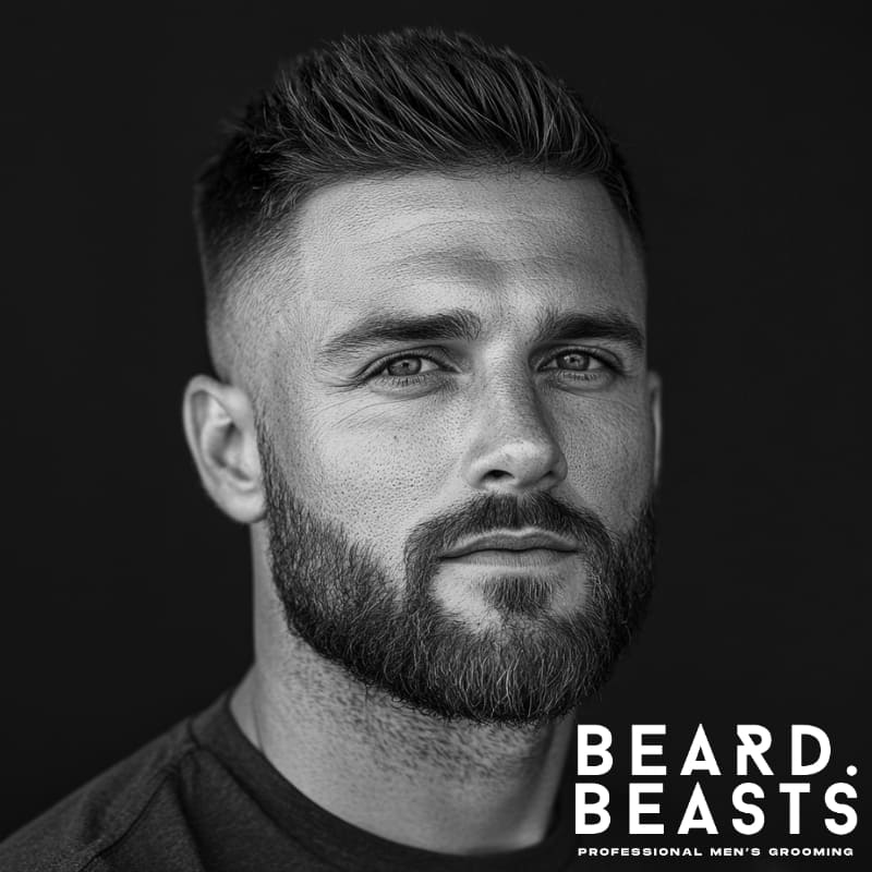 Black and white portrait of a man with a short brush up haircut and full beard, featuring clean volume on top and a high fade—one of the best short haircuts for men with beards.
