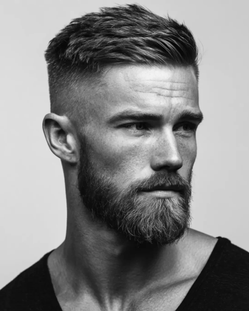 Short comb over fade with a beard, showing swept short hair with faded sides and fuller facial hair.