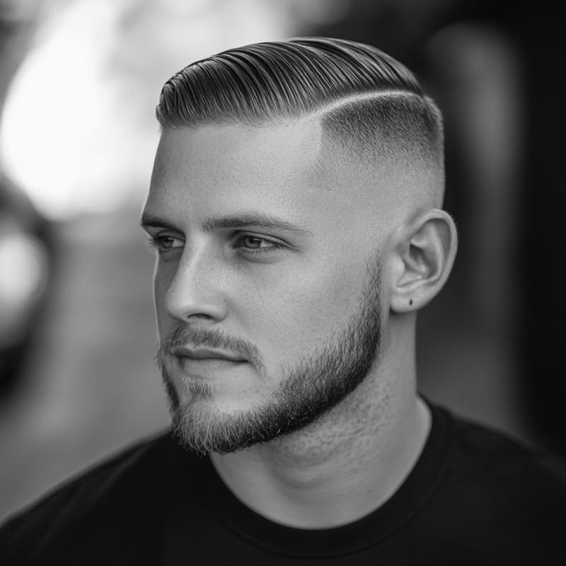 Black and white image of a man with a short comb over fade and short beard, showcasing a clean side part and sharp skin fade.