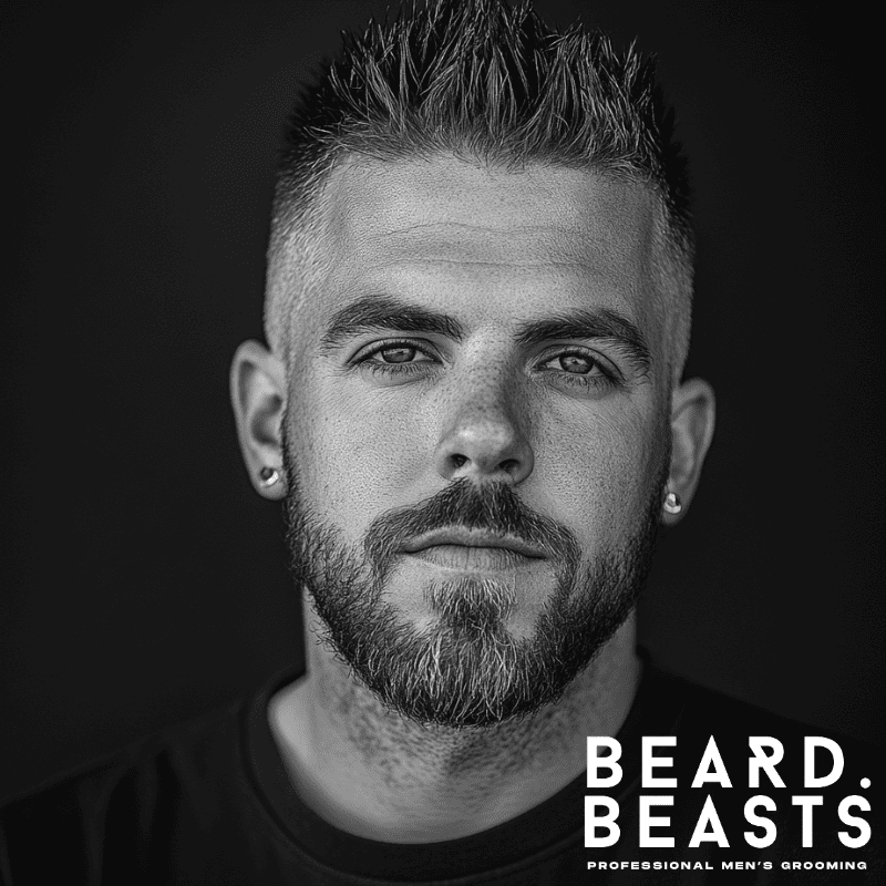 Black and white portrait of a man with a short spiky haircut and full beard, featuring a high fade—one of the boldest short haircuts for men with beards.