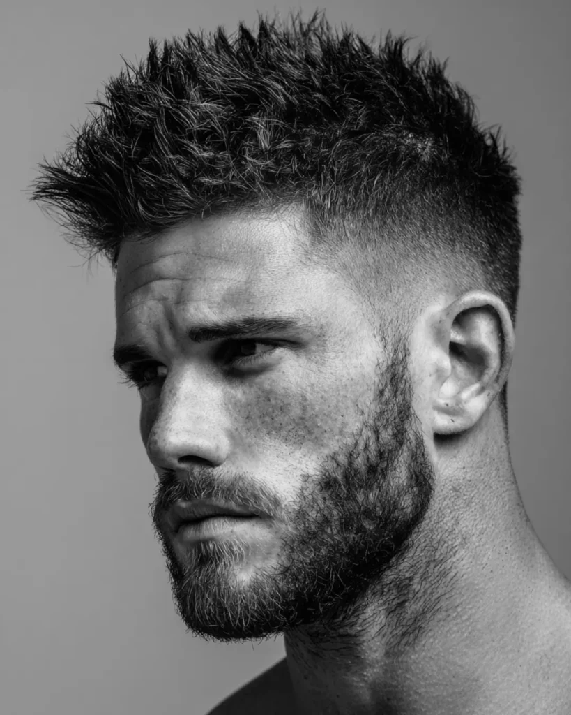 Short spiky haircut with a fade and beard, giving the top lift while the beard adds weight below.