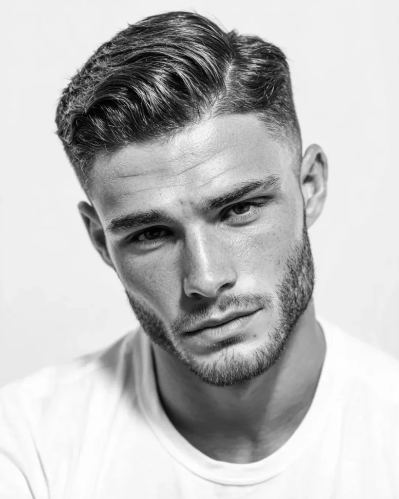 Side part short haircut for men, showing a controlled top with a clean side profile.