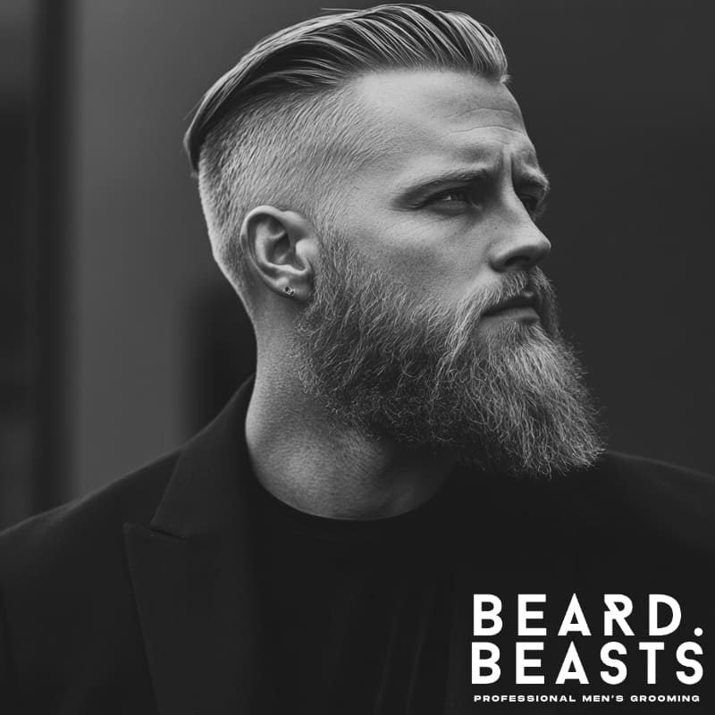 Side profile of a man with an Arthur Shelby-inspired slicked-back haircut and thick, well-groomed beard in black and white.