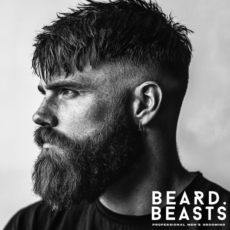 Black and white image of a man with a textured crop and full beard, showing a trendy short haircut for men with beards.