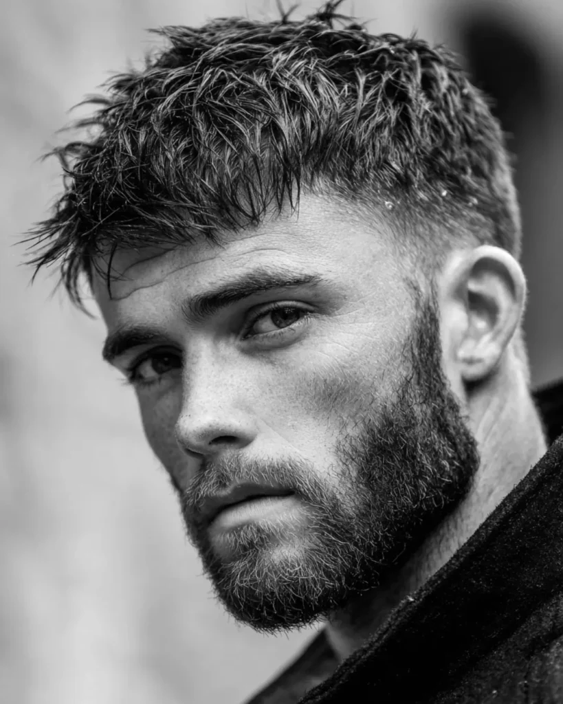 Textured crop fade with a full beard, showing short textured hair balanced with heavier facial hair.