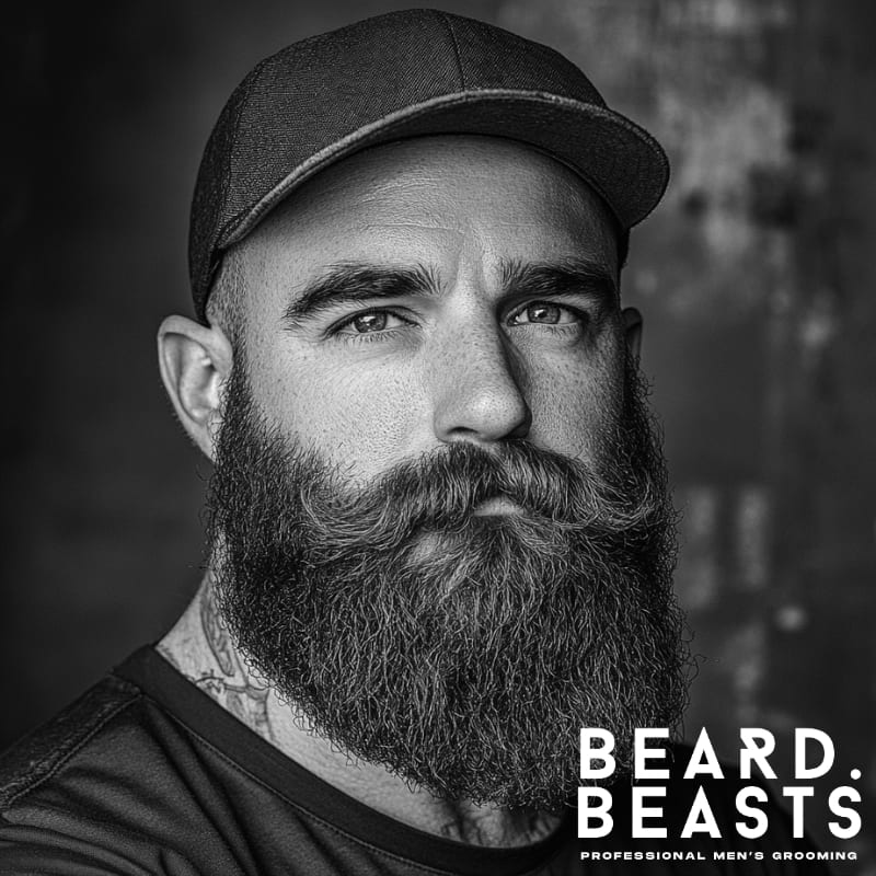 Man wearing a cap with a thick Garibaldi beard and styled handlebar mustache—highlighting beard texture and confident edge.