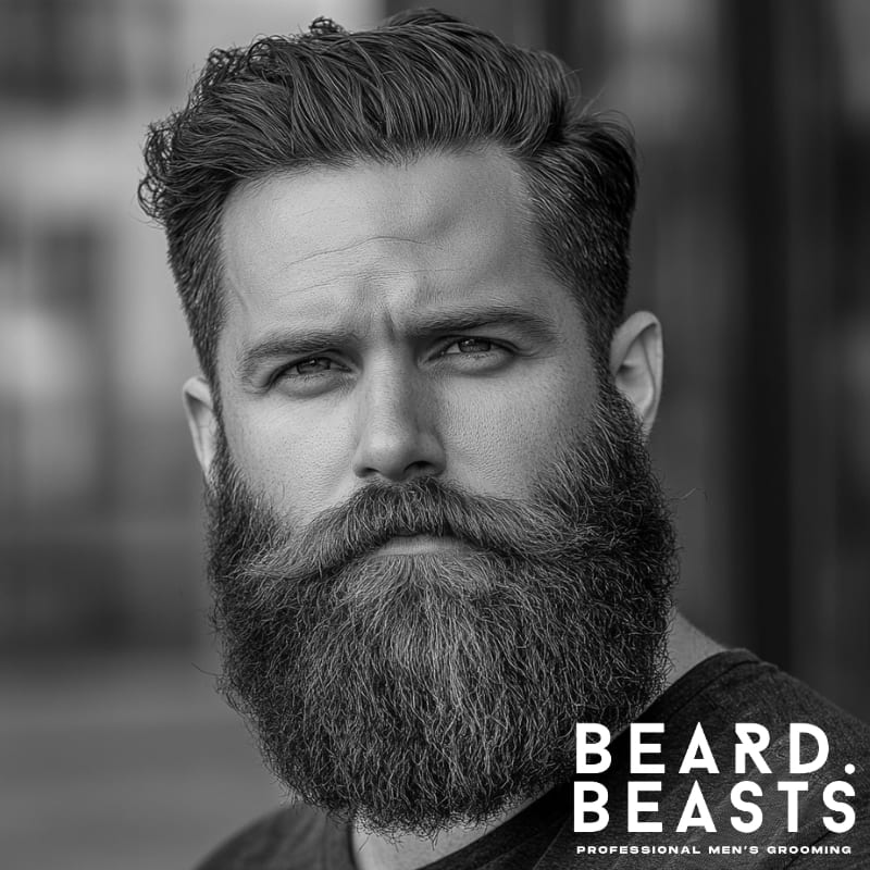 Man with a brushed-back hairstyle and dense rounded beard—showing clean lines and strong facial hair growth.