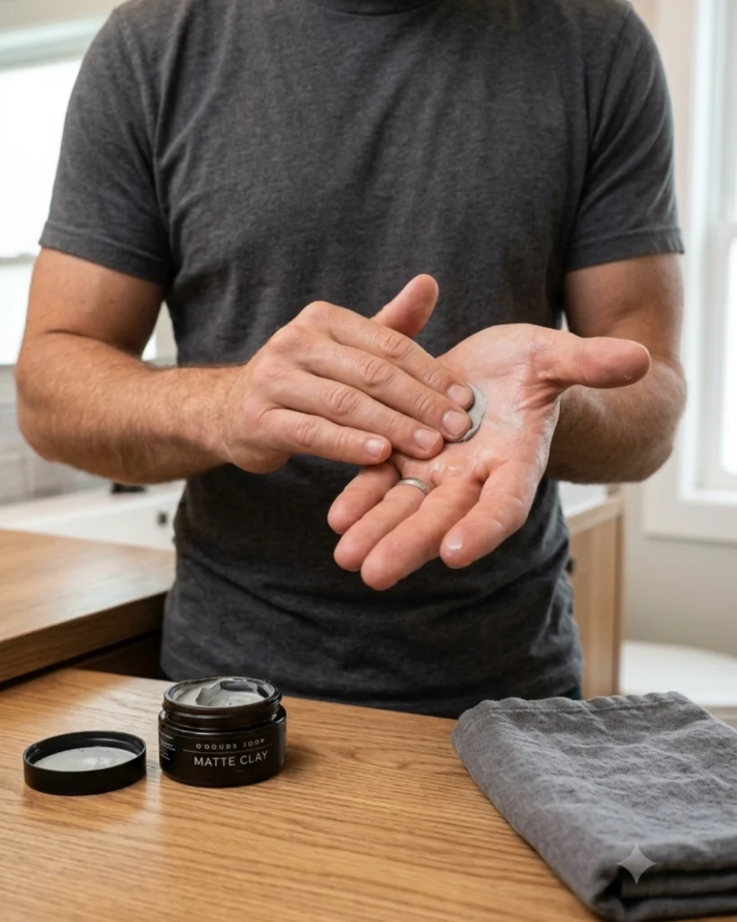 Man spreading a small amount of hair clay across his palms and fingertips