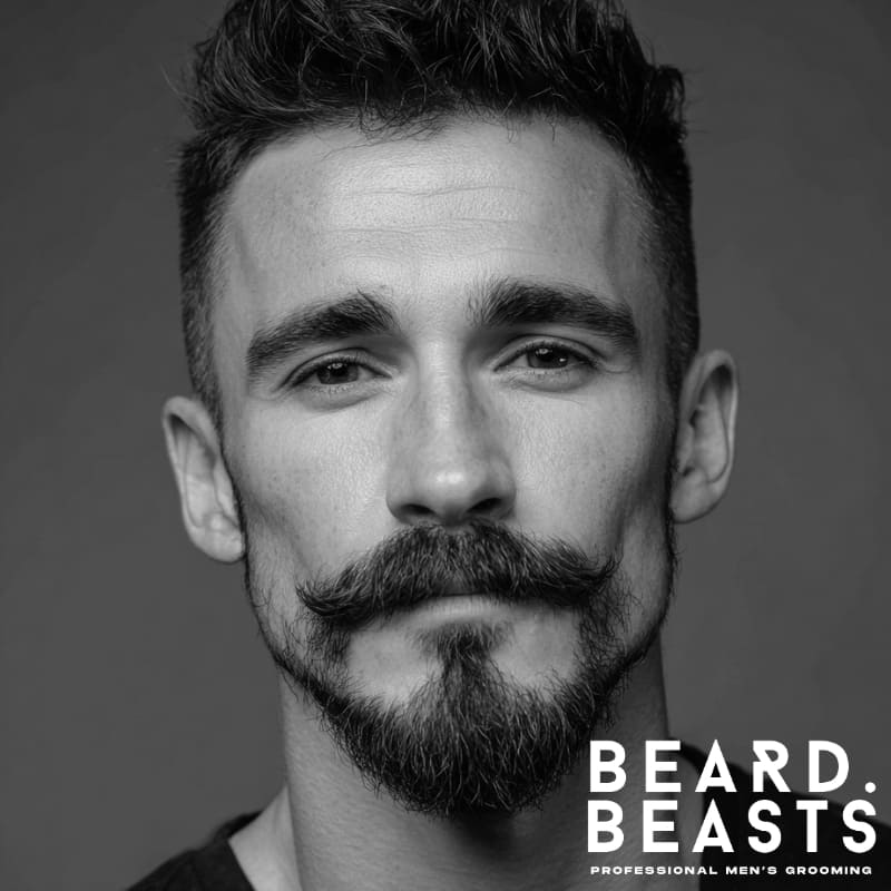 Man with an anchor beard—curled mustache connected to a sculpted chin beard with clean cheeks, a defined beard style for patchy cheeks that adds sharp lower-face structure.