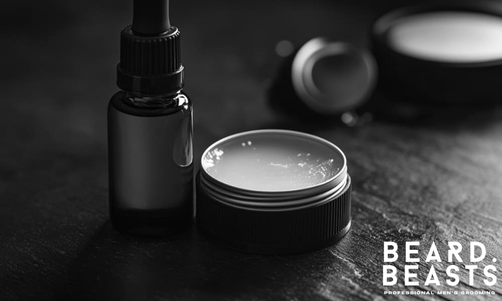 Close-up of beard grooming products on a dark surface, featuring an amber glass dropper bottle and open tin of beard balm with blank black labels.