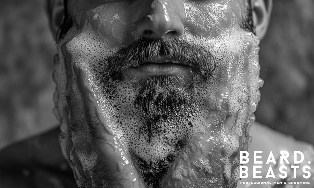 Bearded man cleansing his beard with thick lather, demonstrating proper beard washing technique for grooming and skin care.