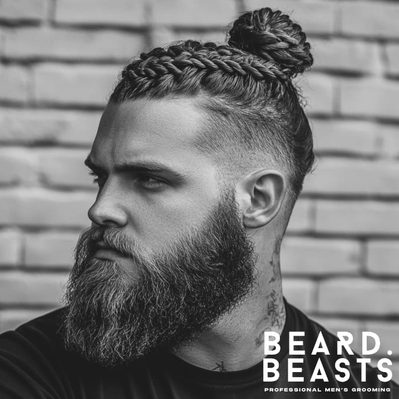 Man with a braided man bun and full beard featuring a sharp faded undercut, showcasing detailed hair styling and clean grooming contrast—ideal for a bold, modern man bun and beard look.