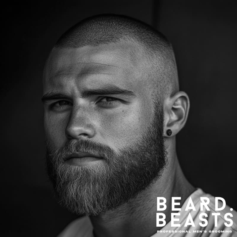 Man with an oval face wearing a buzz cut and sharp shape-up—clean, even length with a defined beard line for bold, structured contrast.