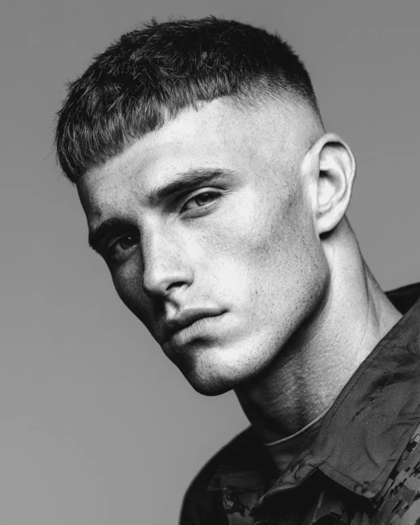 Caesar cut for men with an oval face