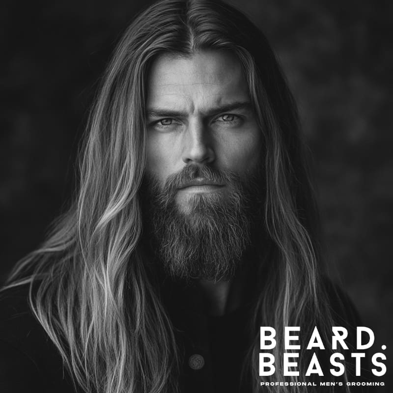 Man with long, straight center-parted hair and a full beard—symmetrical, polished, and confidently structured.