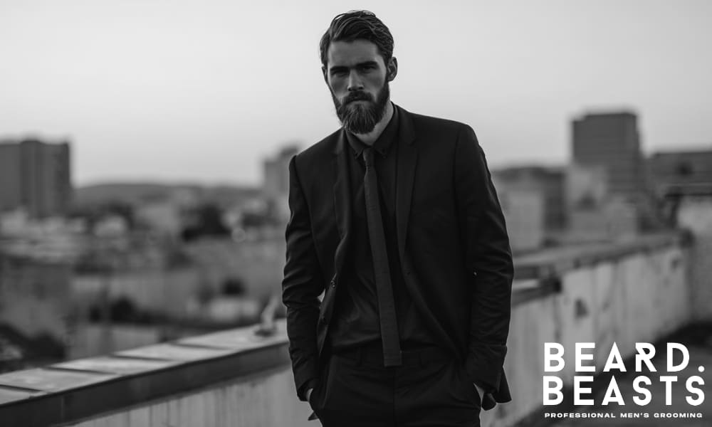 Bearded man in a black suit standing confidently on a rooftop, representing self-assured style and modern masculine presence.