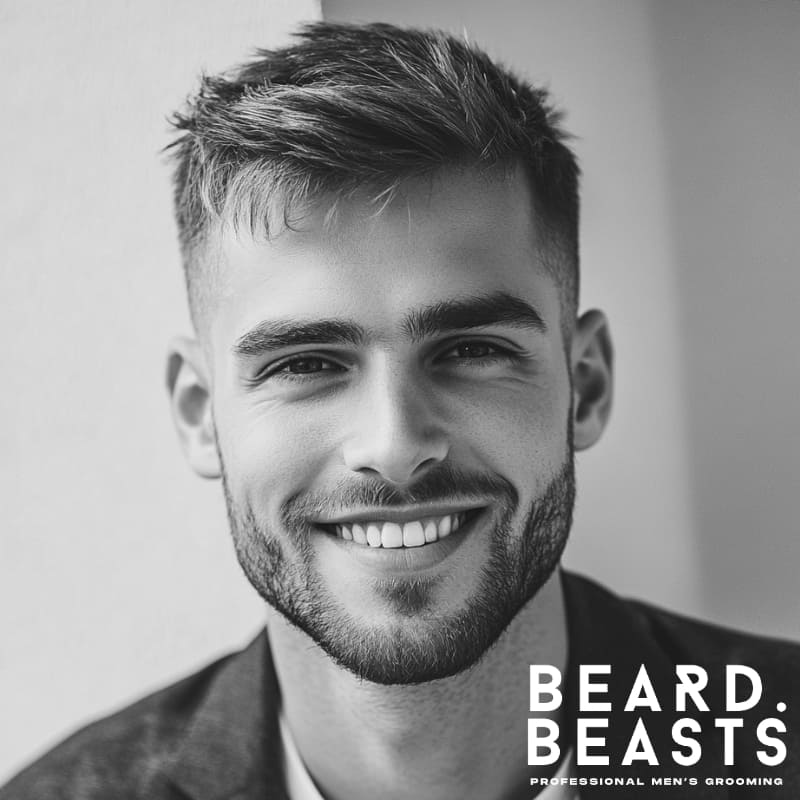 Man with an oval face and a crew cut featuring a mid fade—clean, balanced, and structured short hairstyle ideal for oval face shapes.