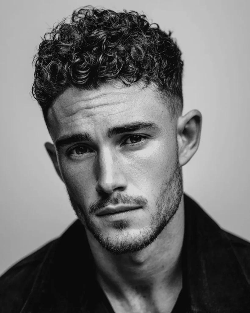 Curly top with fade for men with an oval face