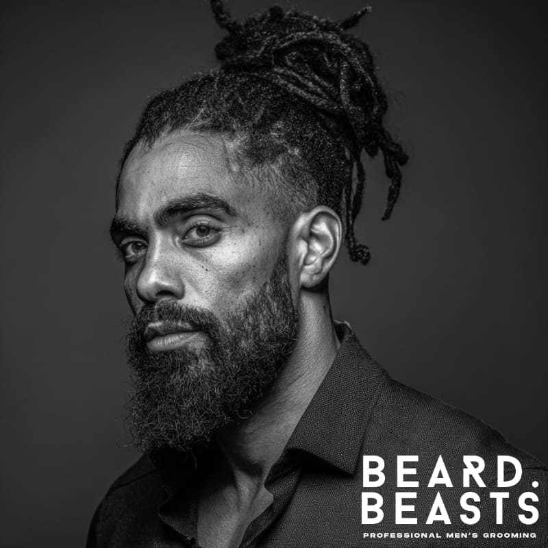 Portrait of a confident man with dreadlocks tied into a high man bun and a thick, well-groomed beard, wearing a textured black shirt against a dark background—showcasing bold grooming and modern masculine style.