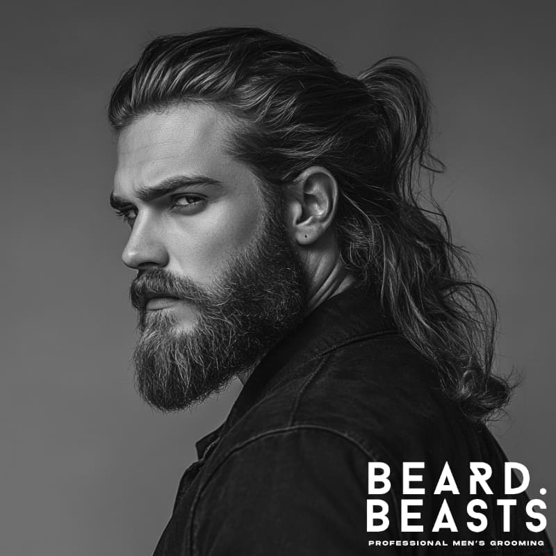 Side portrait of a man with a half-up man bun and thick, well-groomed beard, wearing a black shirt—featuring long, textured hair and clean masculine grooming.