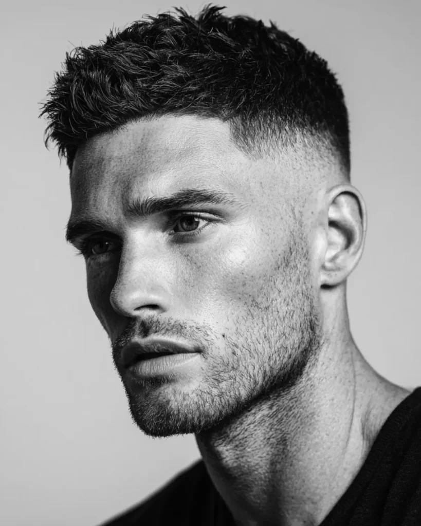 Man with heavy stubble beard and lighter cheek growth, showing a short beard style for patchy cheeks