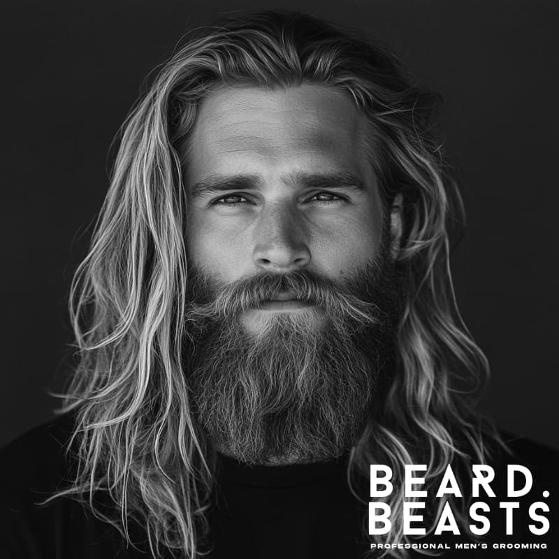 Man with long beachy waves and a full, natural beard—effortless yet structured, perfectly representing the loose beach waves with a long beard look.