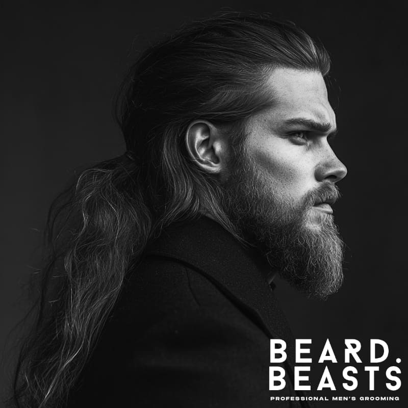 Profile of a man with long hair tied in a low ponytail and a full beard—minimalist, structured, and confidently composed.