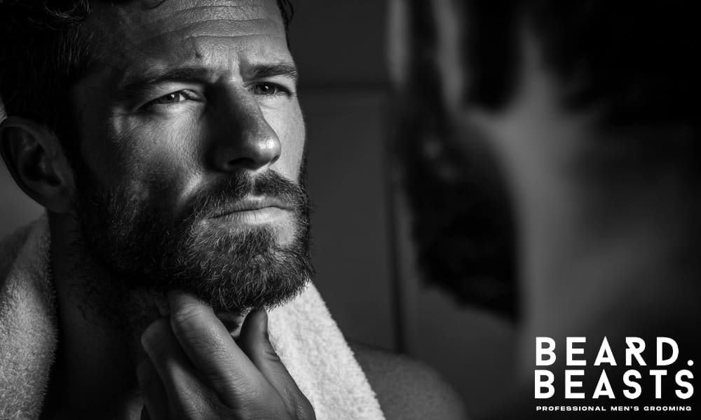Close-up of a serious man examining his beard in the mirror, wrapped in a towel, black and white image.