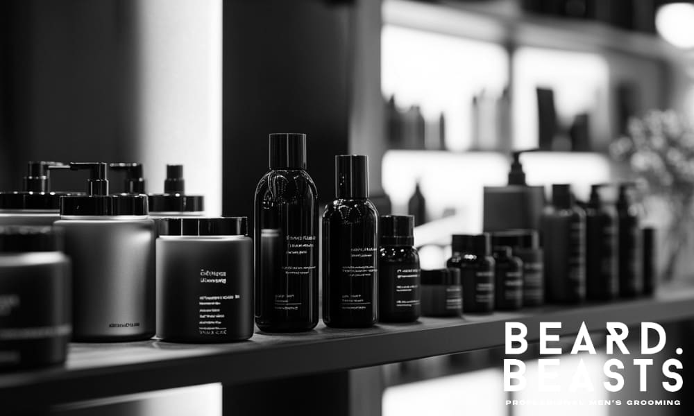 Modern display of premium men’s hair styling products arranged on a shelf in a well-lit grooming space.