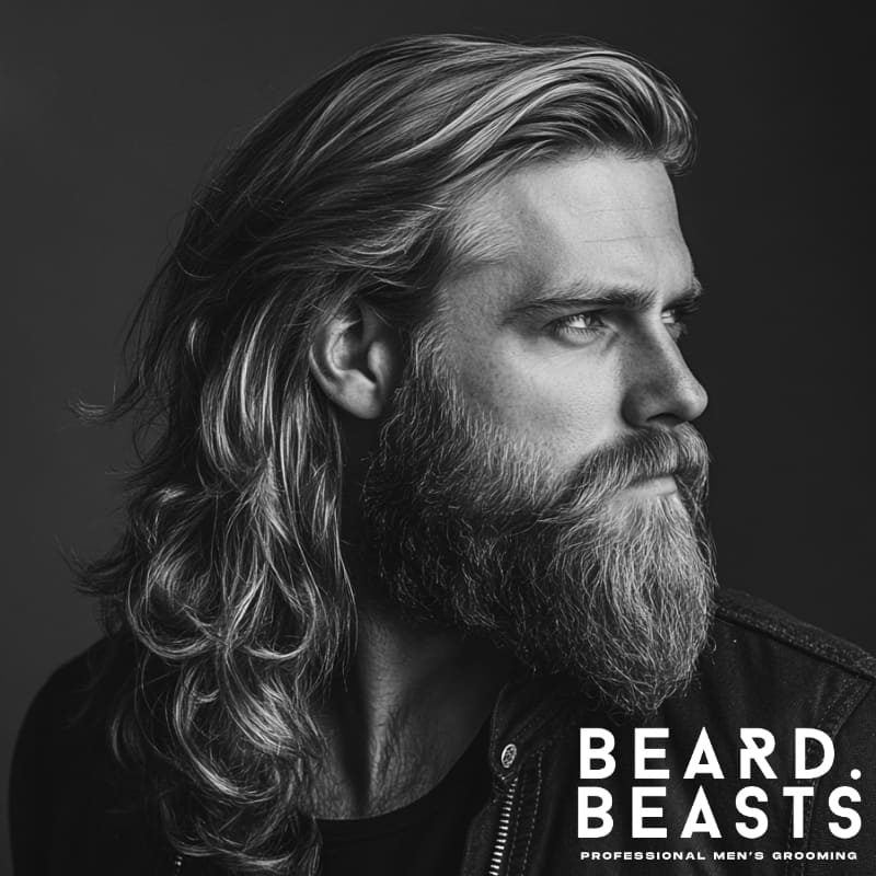 Man with messy layered long hair and a full beard—rugged and textured with a refined, intentional finish.