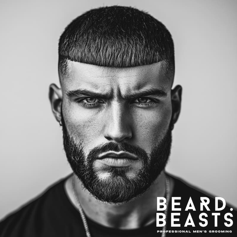 Man with an oval face and a modern Caesar haircut—blunt fringe with cropped top and faded sides, styled for bold, structured impact.