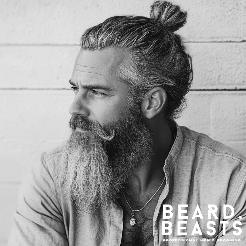 Stylish man with a salt and pepper man bun and long full beard, wearing an open-collar shirt, seated against a white wall—showcasing mature grooming and relaxed outdoor confidence.