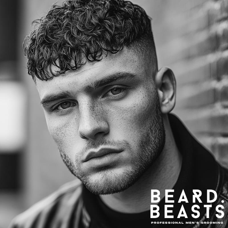 Man with an oval face and a short curly hairstyle—tight sides and defined curls create contrast, ideal for short hairstyles for men with oval faces.