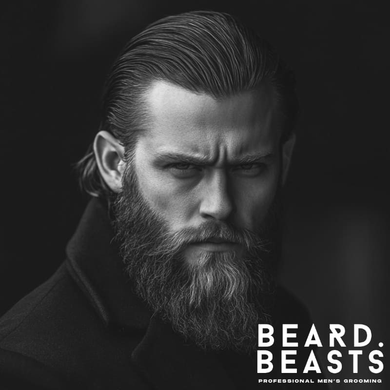 Man with slicked-back long hair and a full beard, dressed in a dark coat, exuding control and intensity—representing a refined long hair long beard style.