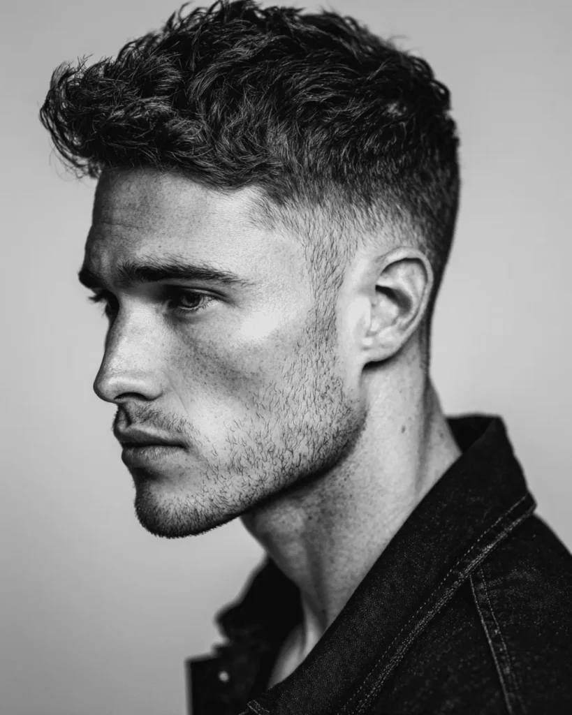 Taper fade with short textured top for men with an oval face