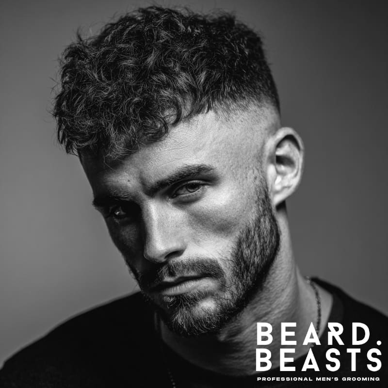 Front-facing portrait of a man with a textured crop undercut and short beard, showcasing clean fade and defined curls