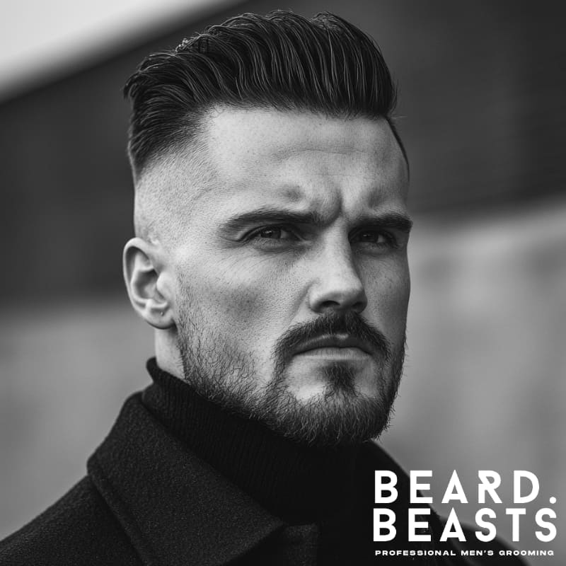 Man with an undercut pompadour and short beard, styled with volume and precision for a bold, structured look
