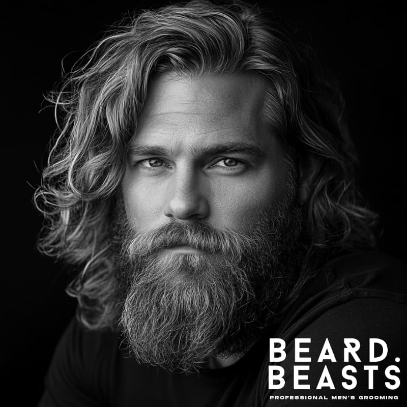 Man with wavy shoulder-length hair and a full, shaped beard—projecting balance, texture, and confident grooming.