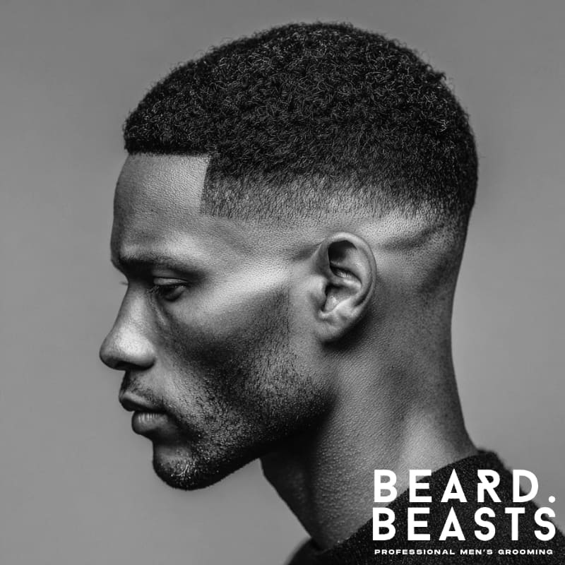 A man showcasing an Afro crew cut hairstyle, featuring short, neat, tightly coiled hair on top with impeccable shape and a clean fade on the sides.