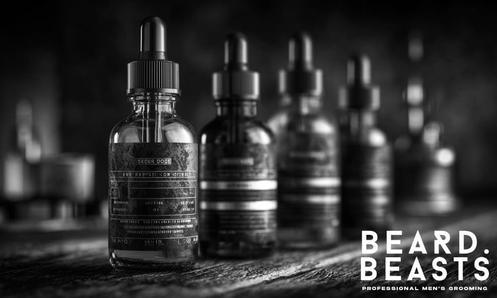 A close-up of premium beard oil bottles on a wooden table, with a focus on harmful ingredients like alcohol and sulfates, ideal for a refined grooming routine.