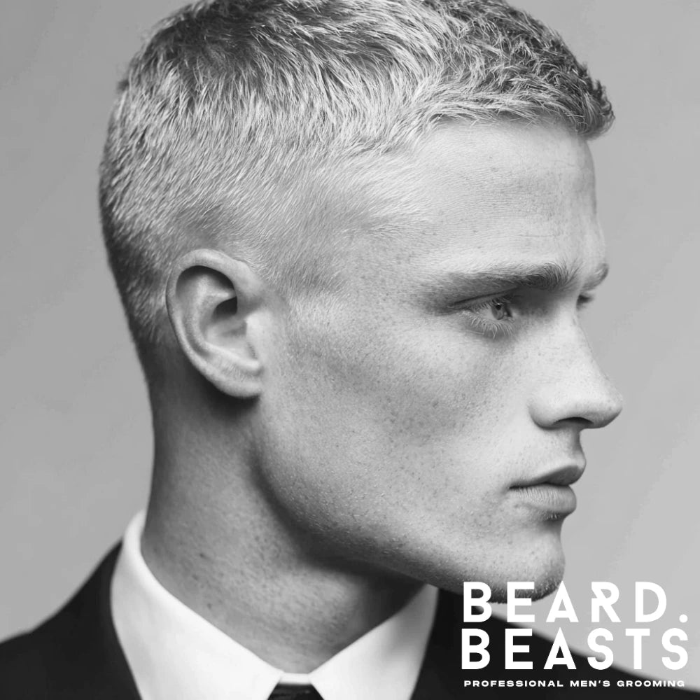 Blonde hair crew cut hairstyle for men with sharp fade and textured top, ideal for a clean and modern look in 2025.