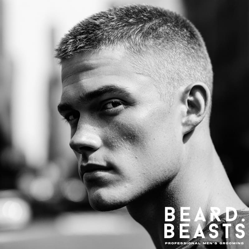 A sharp, classic crew cut hairstyle on a man, featuring impeccably short, clean sides that seamlessly blend into a slightly longer, structured top.