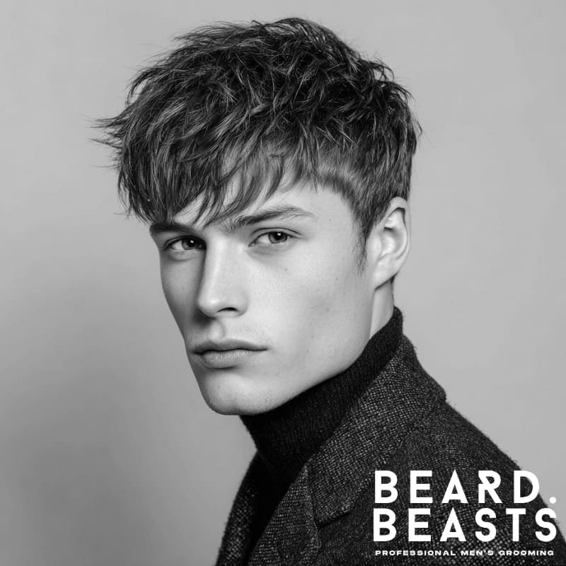 Long textured fringe hairstyle with voluminous texture on top, creating a bold contrast with the clean fade on the sides.