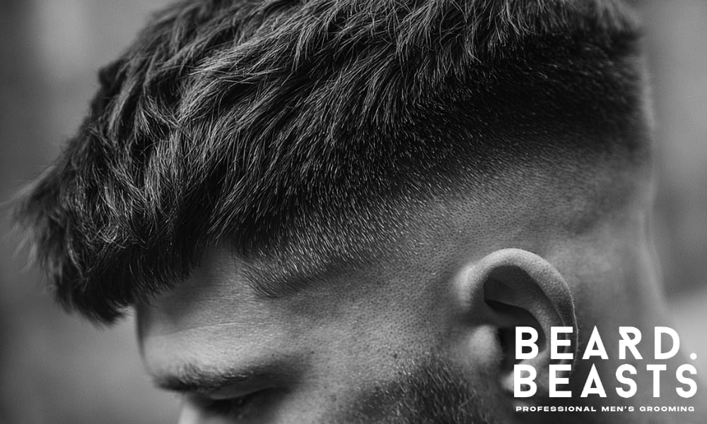 Close-up of a men's haircut showcasing a clean fade and textured top, highlighting natural volume and sharp detailing.