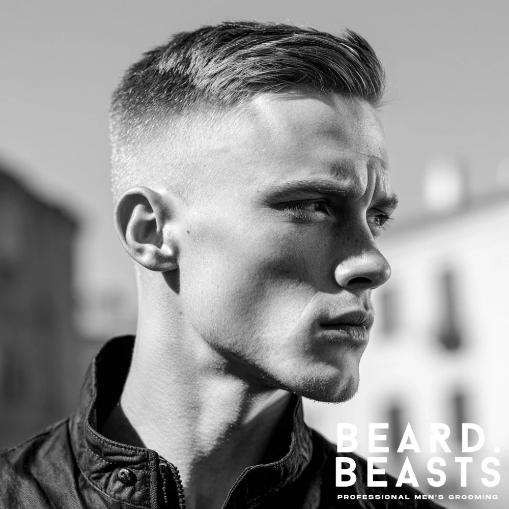 Crew cut comb over hairstyle for men with a side-swept top and faded sides, offering a clean and professional look.