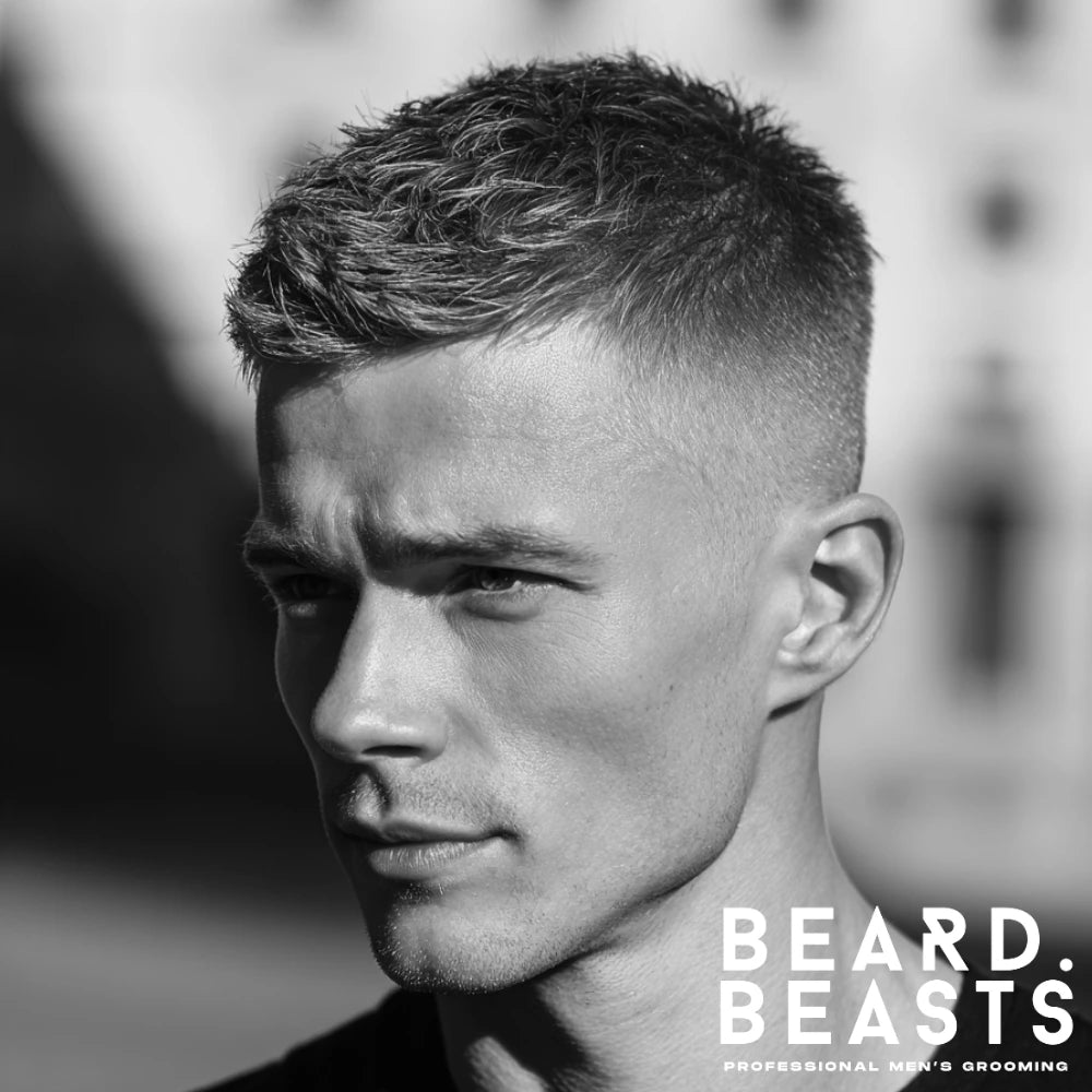 Crew cut hairstyle for men with straight hair featuring light texture on top and faded sides, perfect for a clean and modern look.