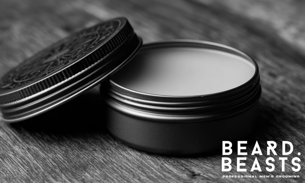A close-up of an open tin of matte clay or pomade, essential for styling and maintaining crew cut hairstyles.