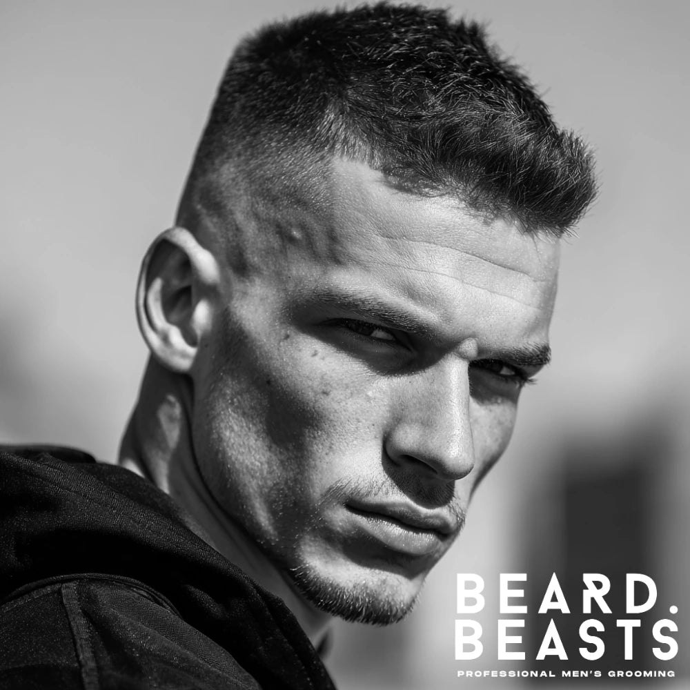 Crew cut hairstyle with a low quiff for men featuring light front volume and faded sides, offering a sharp and controlled look.